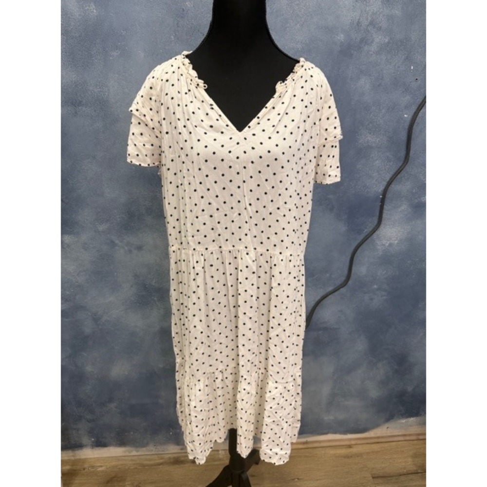 Old Navy White Polka Dot Tiered Ruffles Swing Mini V-Neck Dress Womens Large L